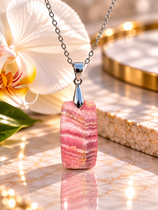 Pendentif en rhodochrosite sur chaîne en acier inoxydable n°9