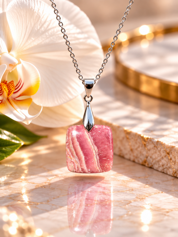 Pendentif en rhodochrosite sur chaîne en acier inoxydable n°6