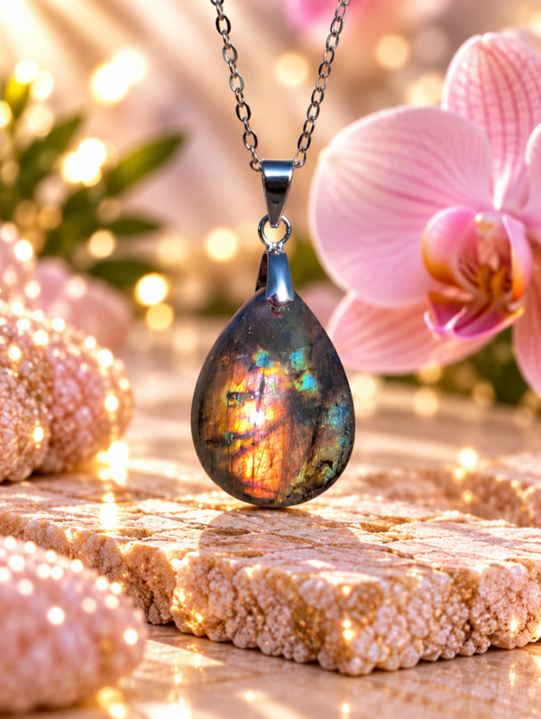 Pendentif en labradorite spectrolite sur chaîne en acier inoxydable N°12