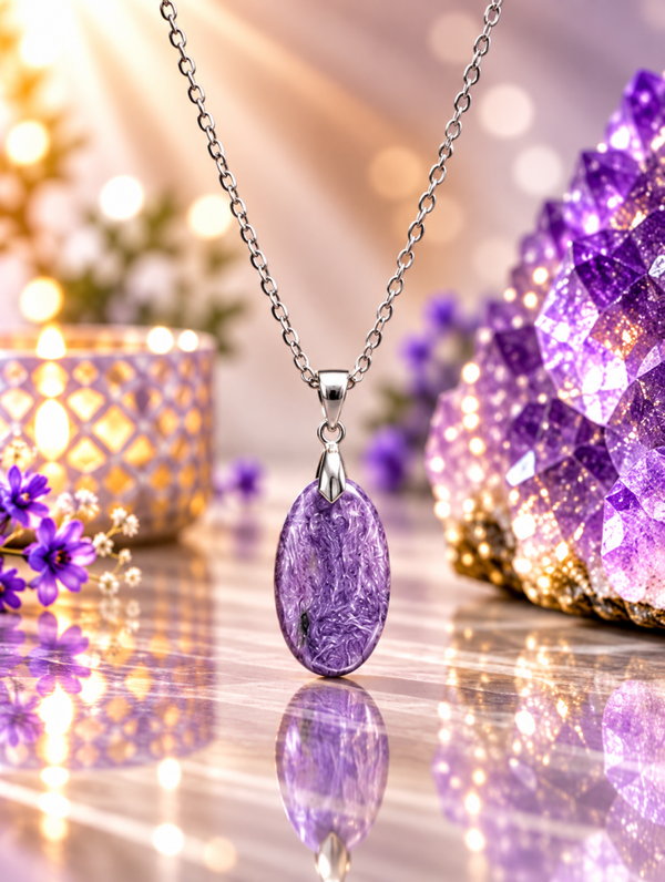 Pendentif en charoïte AA sur chaîne en acier inoxydable n°13