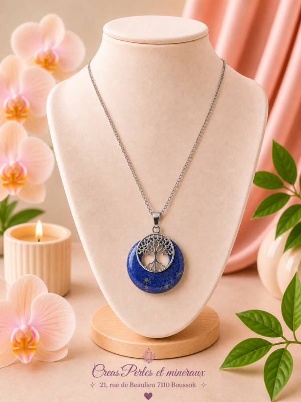 Pendentif arbre médaille lapis lazuli + chaîne en acier inoxydable