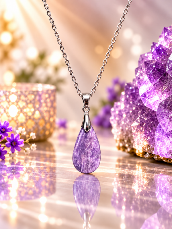 Pendentif en charoïte AA sur chaîne en acier inoxydable n°6