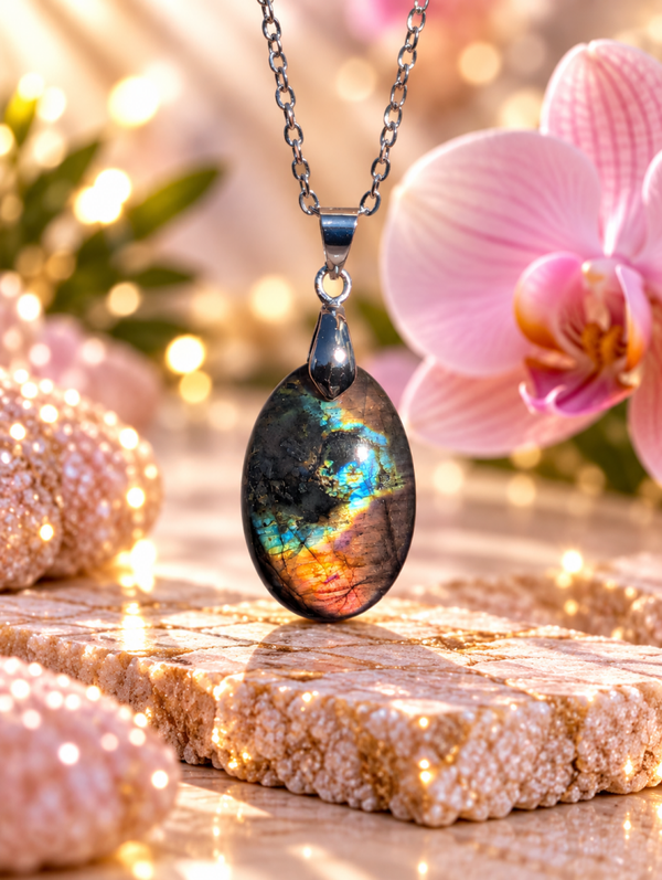 Pendentif en labradorite spectrolite sur chaîne en acier inoxydable N°7