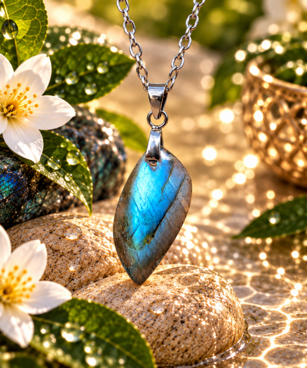 Pendentif en labradorite sur chaîne en acier inoxydable N°5