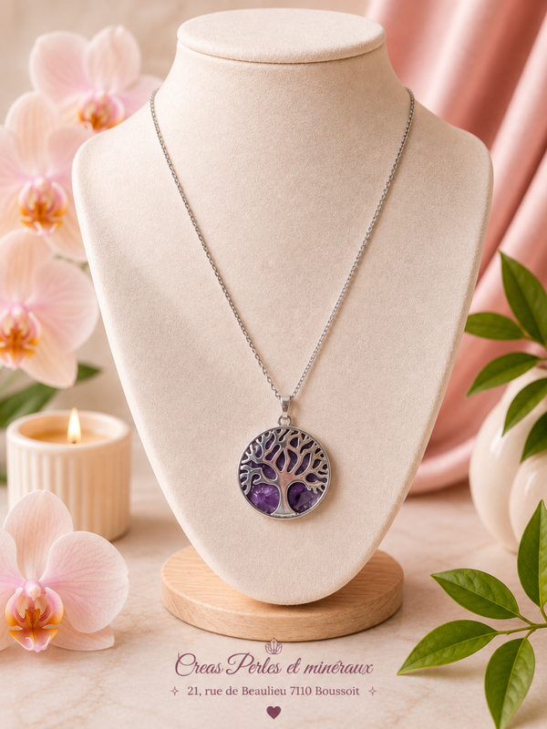 Pendentif arbre complet améthyste + chaîne en acier inoxydable