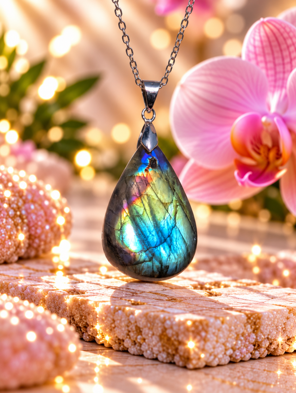 Pendentif en labradorite spectrolite sur chaîne en acier inoxydable N°15