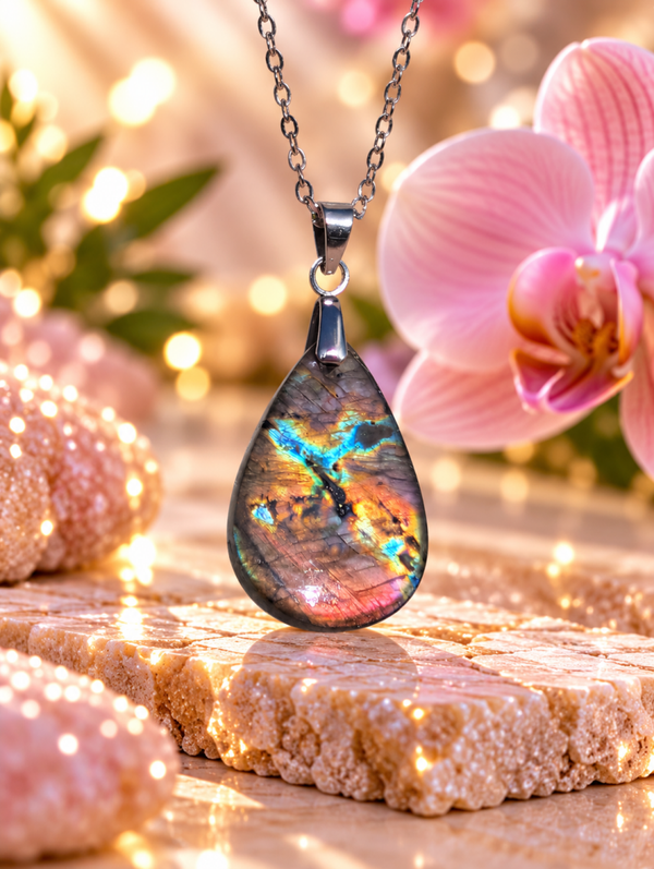 Pendentif en labradorite spectrolite sur chaîne en acier inoxydable N°8