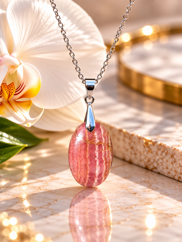 Pendentif en rhodochrosite sur chaîne en acier inoxydable n°3