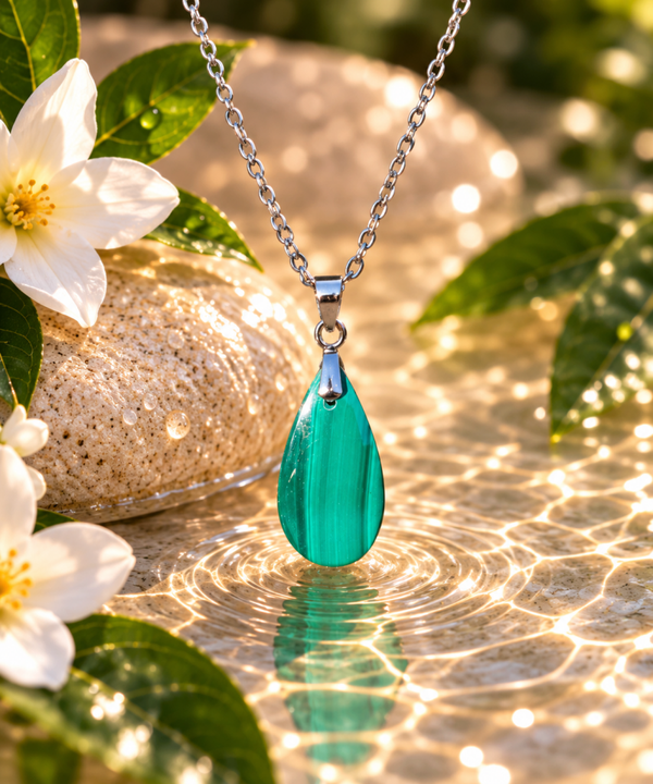 Pendentif Malachite AA sur chaîne en acier inoxydable N°2