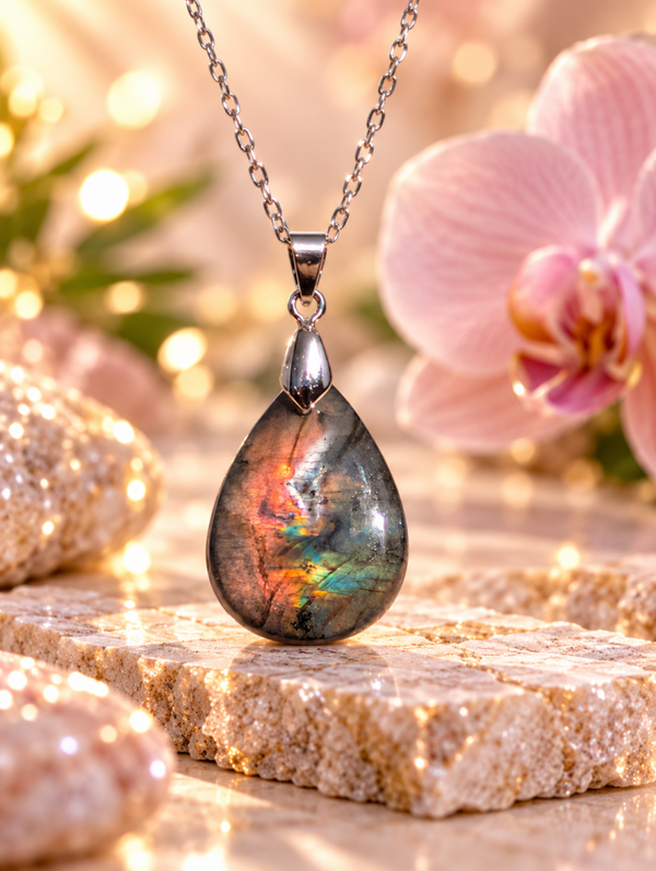 Pendentif en labradorite spectrolite sur chaîne en acier inoxydable N°1