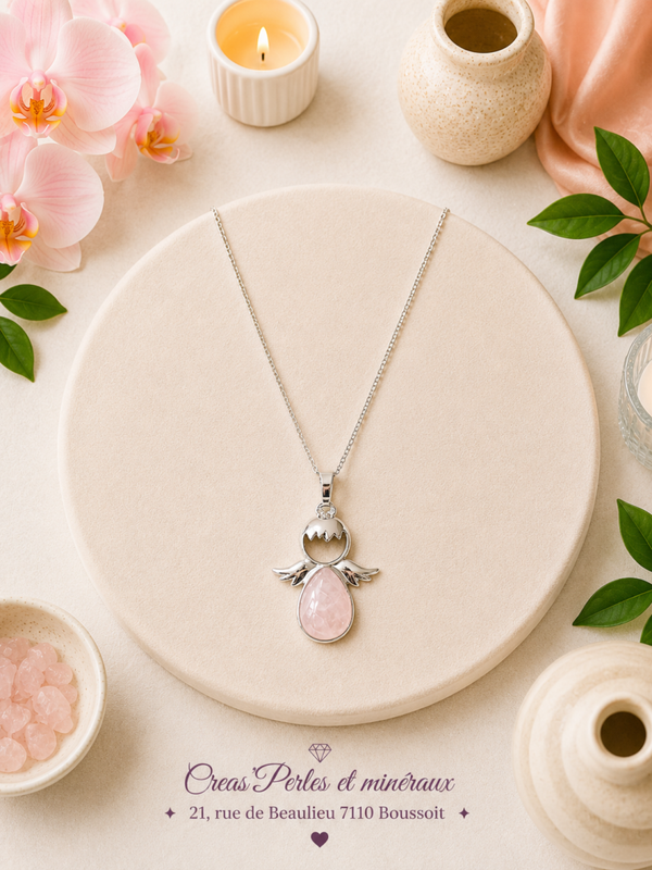 Pendentif ange 30mm quartz rose A + chaîne en acier inoxydable