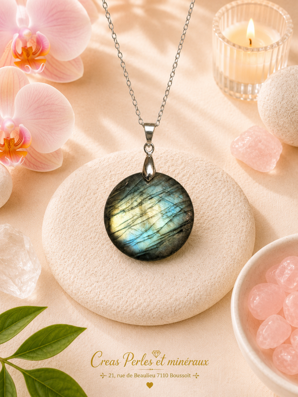 Pendentif en labradorite sur chaîne en acier inoxydable N°5