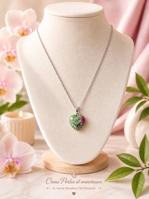 Pendentif coeur 15mm rubis zoizite À + chaine en acier inoxydable