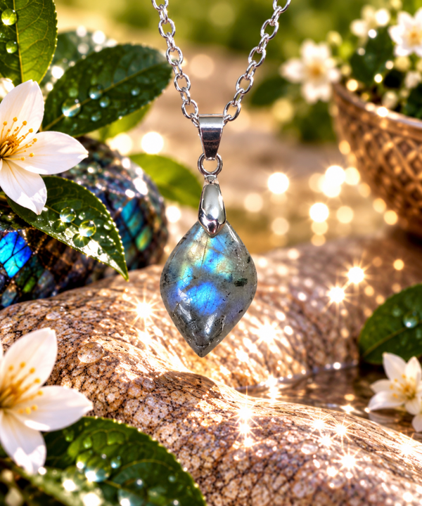 Pendentif en labradorite sur chaîne en acier inoxydable N°17