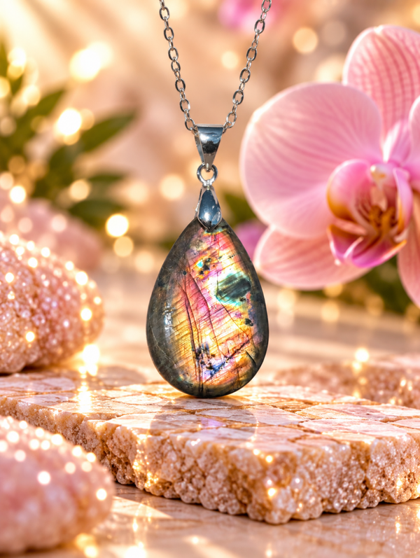Pendentif en labradorite spectrolite sur chaîne en acier inoxydable N°9