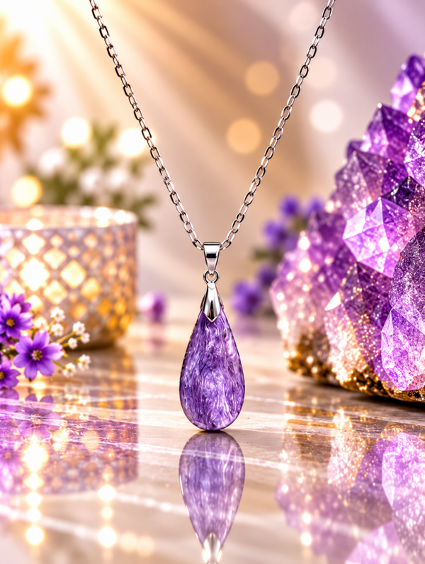 Pendentif en charoïte AA sur chaîne en acier inoxydable n°15