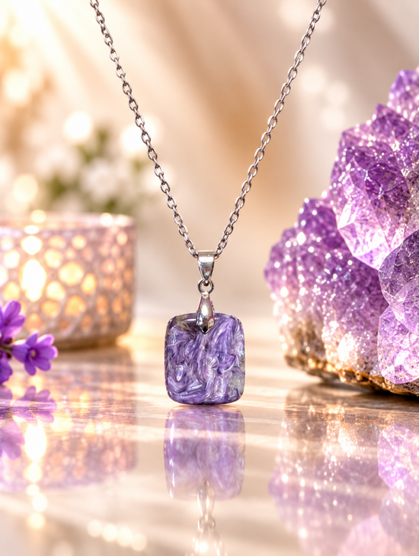 Pendentif en charoïte AA sur chaîne en acier inoxydable n°2