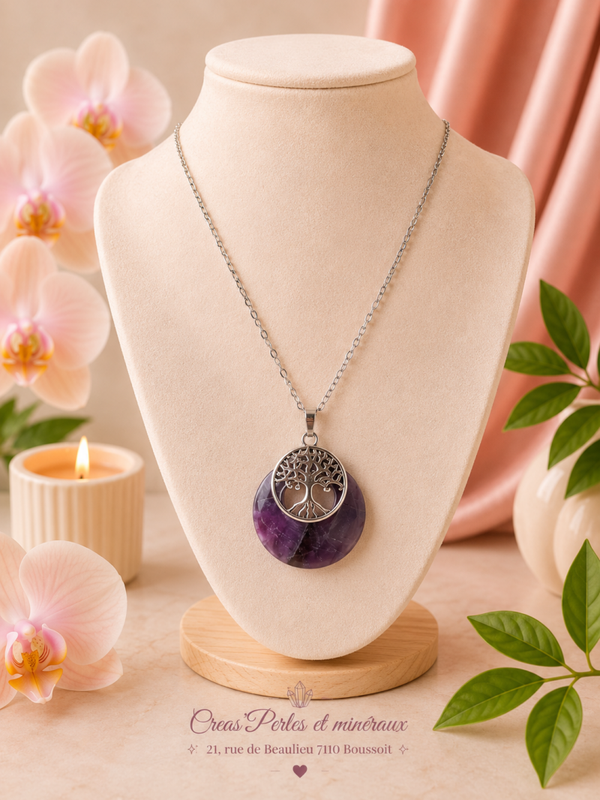 Pendentif arbre médaille améthyste + chaîne en acier inoxydable