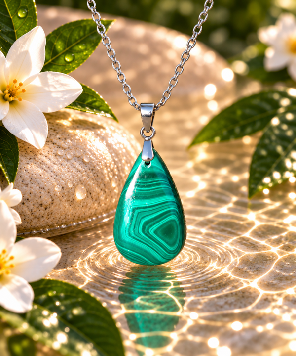 Pendentif Malachite AA sur chaîne en acier inoxydable N°5