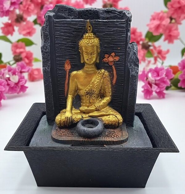 Fontaine Résine Bouddha Thaï Doré 22cm