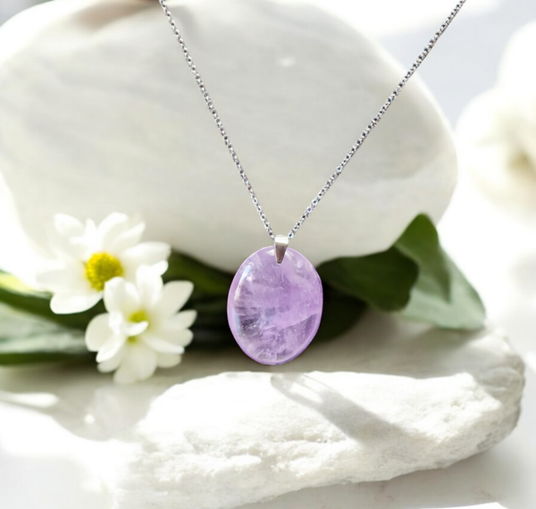 Pendentif améthyste AA ovale + chaîne en acier inoxydable
