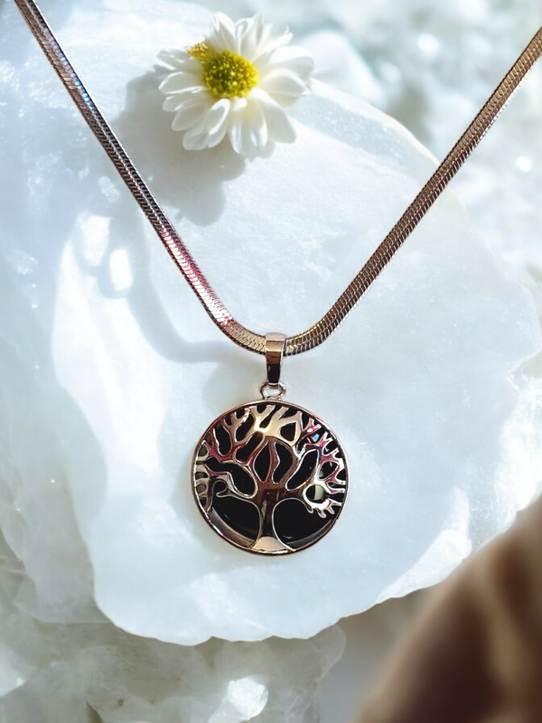 Pendentif agate noire arbre de vie complet  + chaine en acier inoxydable