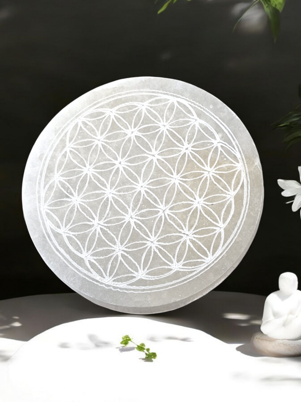 Plaque en sélénite fleur de vie blanc