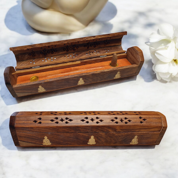 Support encens en bois, boite 30cm bouddha