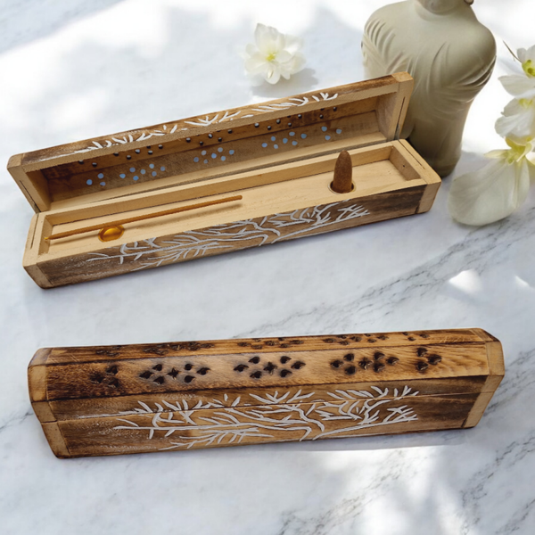 Support encens en bois, boite 30cm arbre de vie