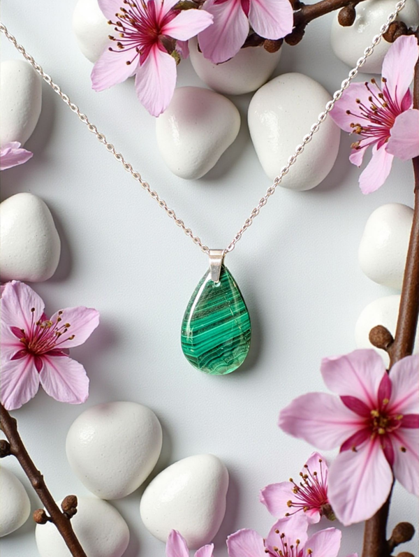 Pendentif Malachite AA sur chaîne en acier inoxydable N°6