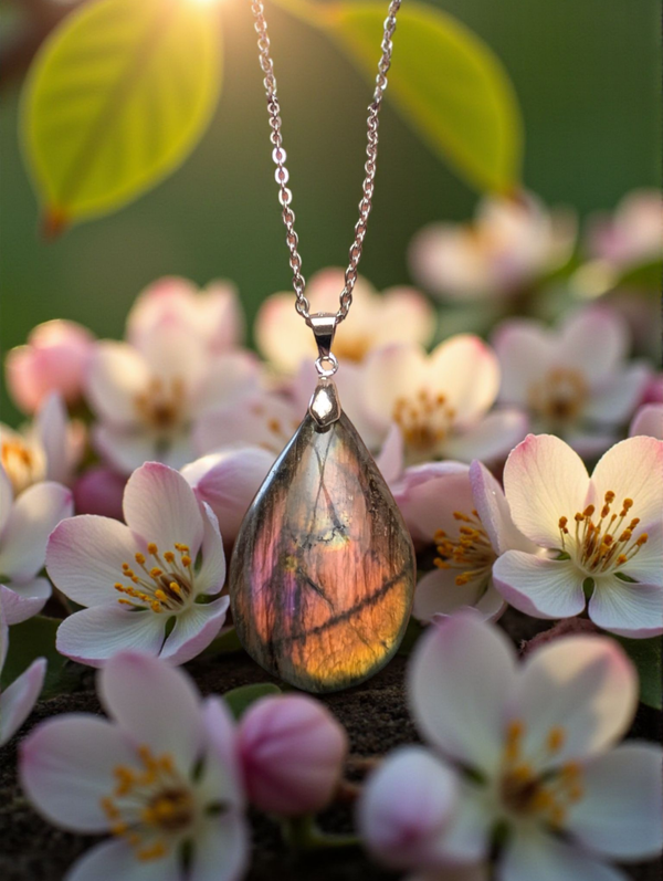 Pendentif en labradorite spectrolite sur chaîne en acier inoxydable N°10