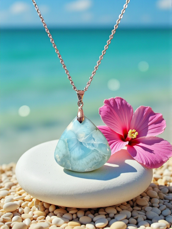 Pendentif en larimar sur chaîne en acier inoxydable N°12