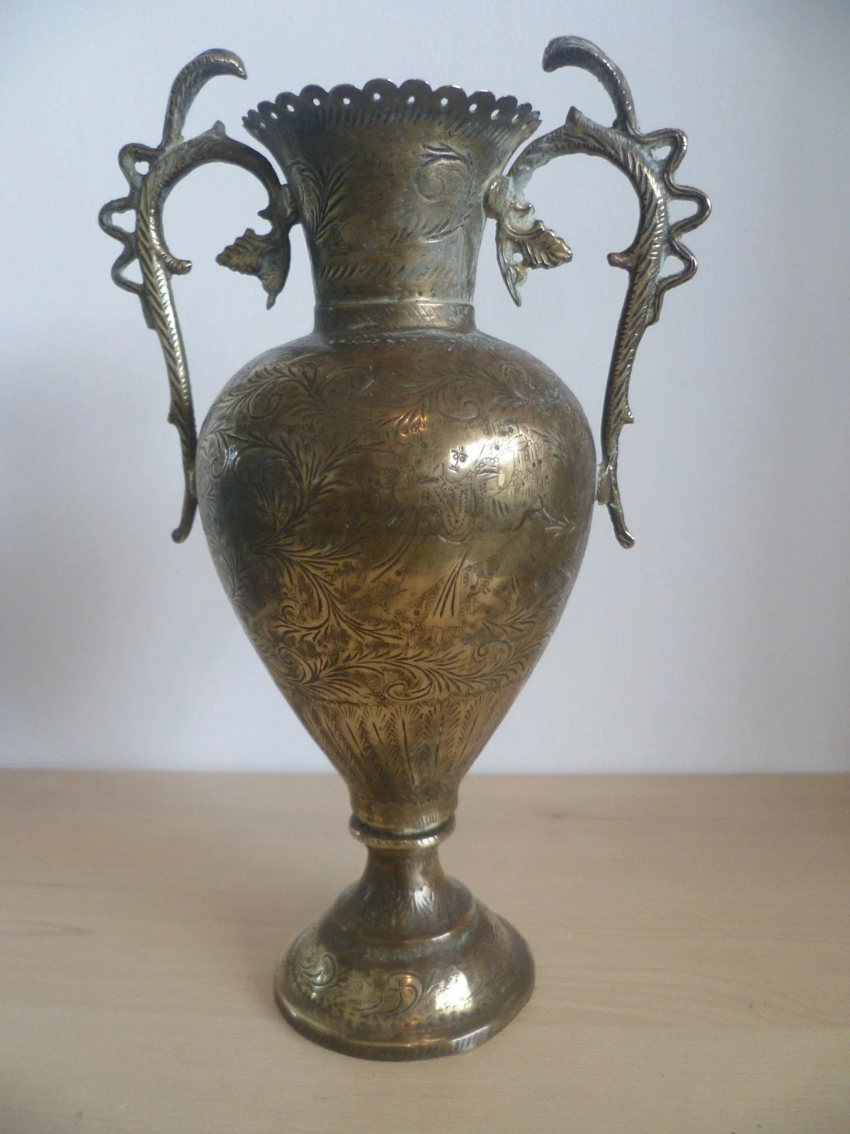 A Large, 19th Century Indian Hand Chased Brass Baluster Vase with Snake Handles