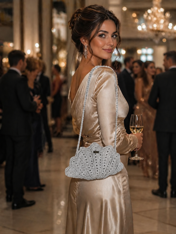 Gehaakte tas “Lotus”, kleur Zilvergrijs (sparkle) 2/3