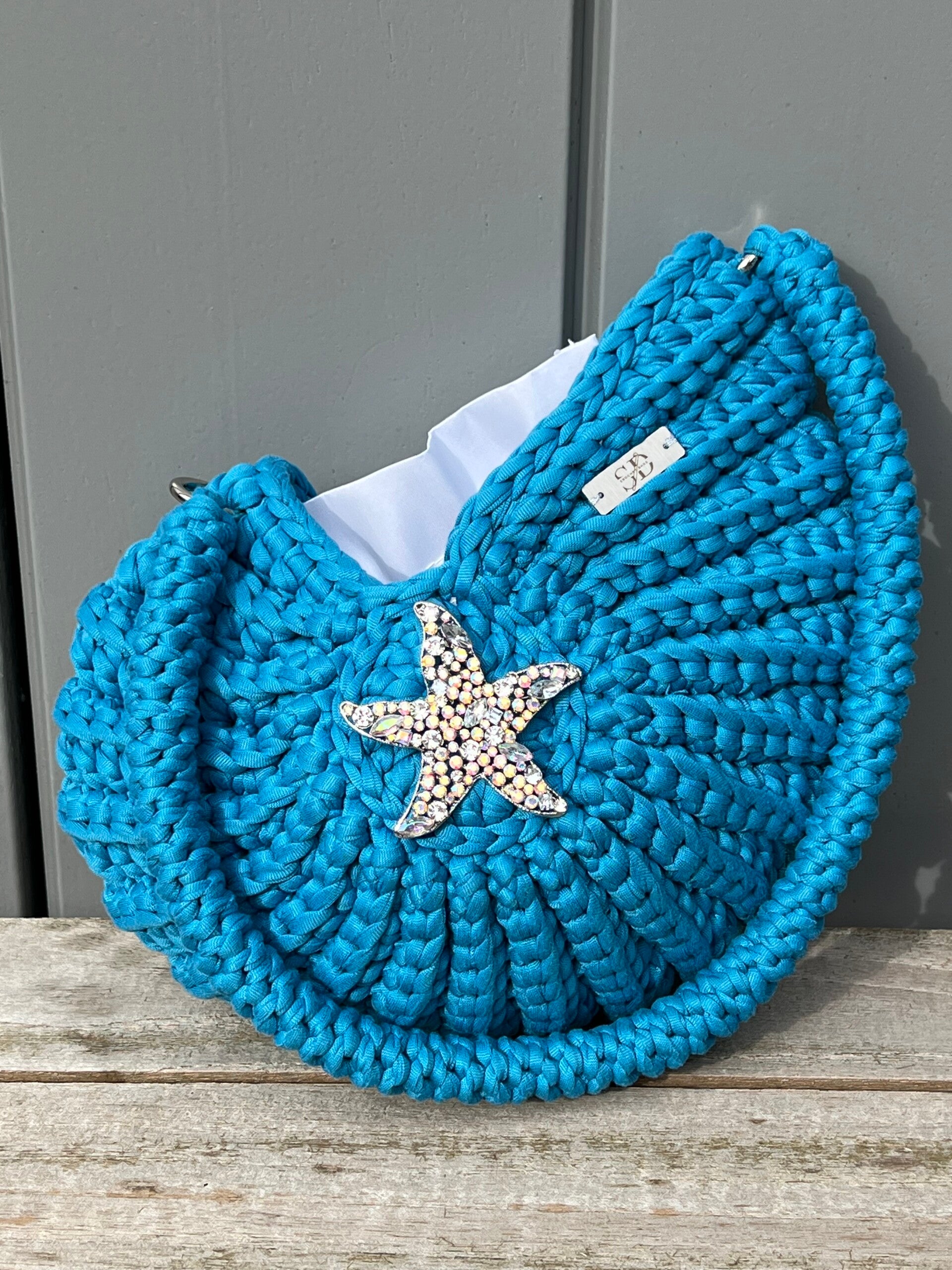 Turquoise Gehaakte Schelptas met Zeester broche - Handgemaakte schoudertas