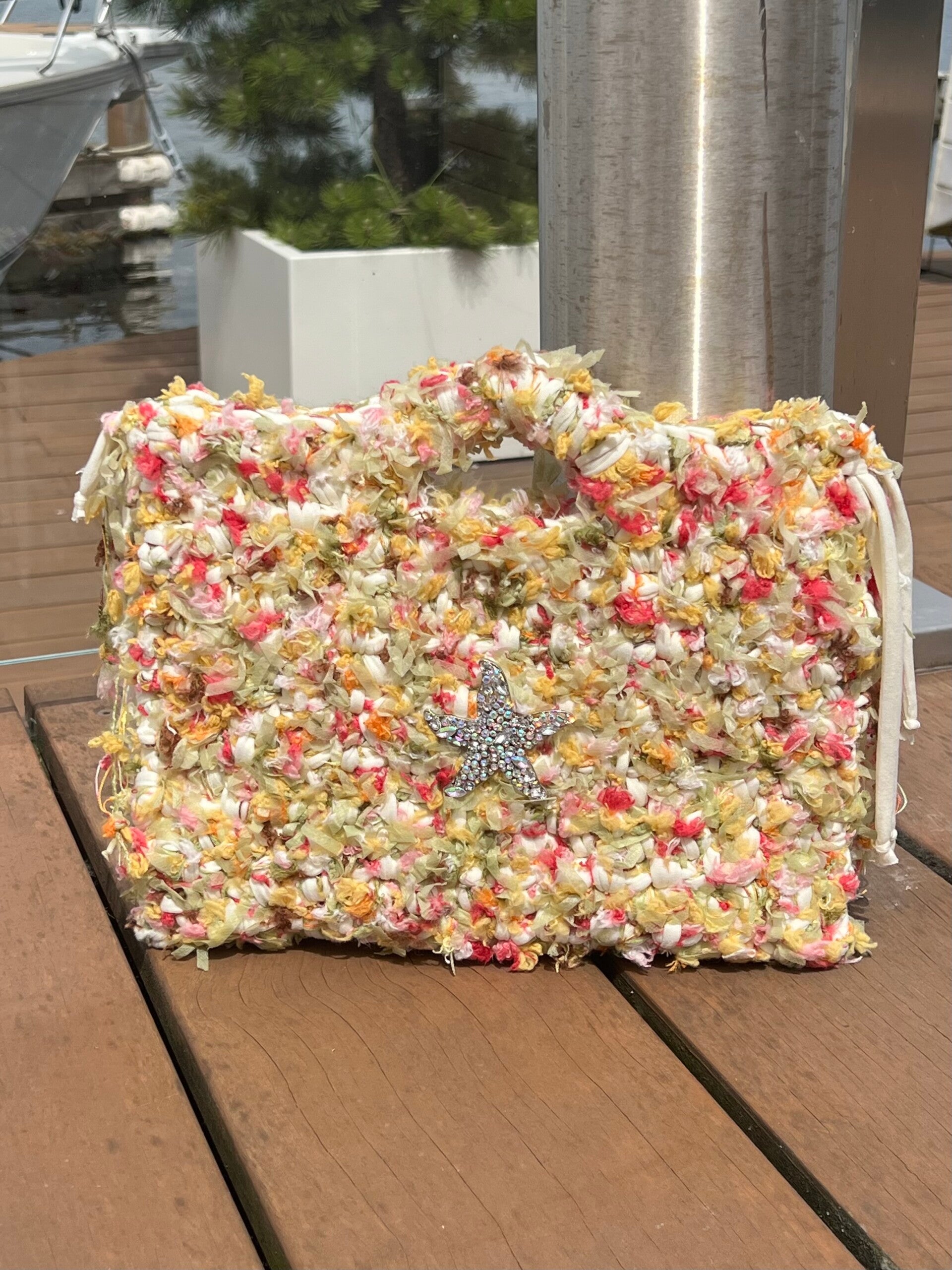 Gehaakte Flatbag geel/mint/pink