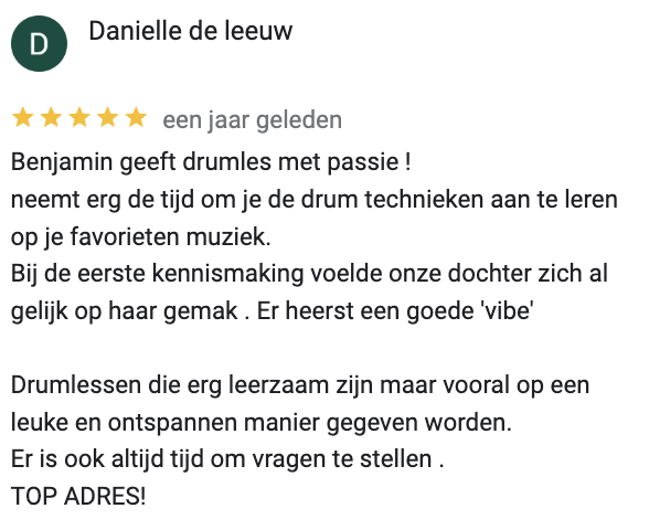 google review 1 drumschool Lepelstraat