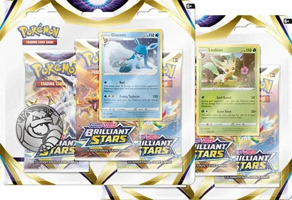 Pokemon Sword & Shield 09 - Brilliant Stars 3-Pack Blister (Glaceon oder Leafeon) | Englisch