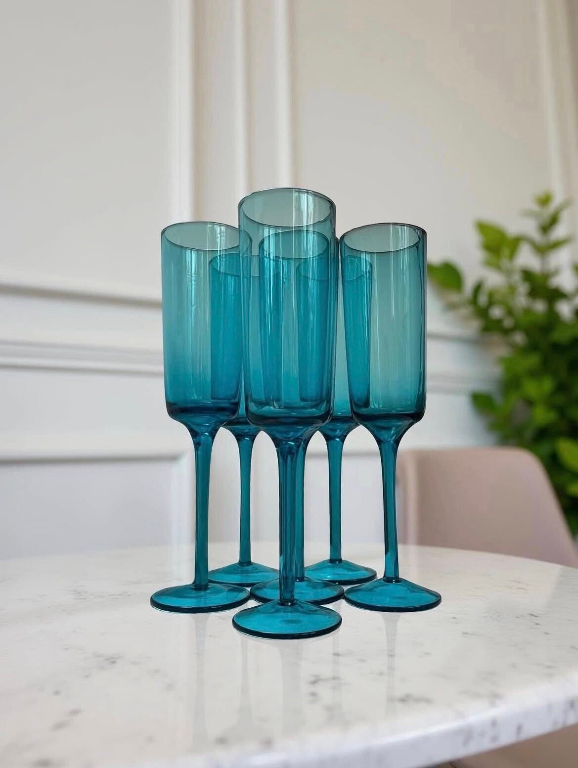 Set - 6 blauwe champagneglazen