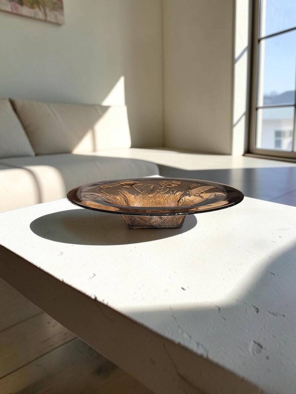 Schaal amber/rookglas geperst glas - 1940's