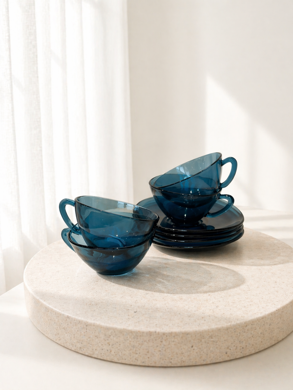 Set - 2 kopjes met schoteltje blauw glas