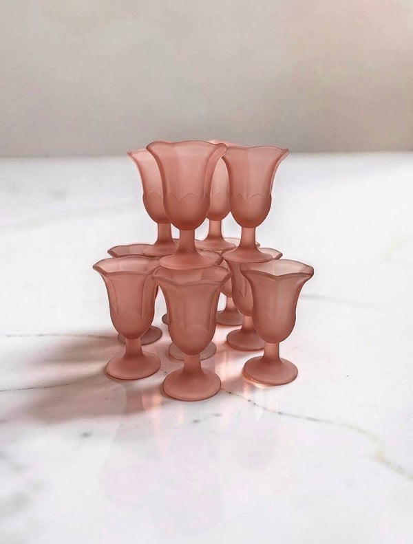 Set - 12 ijscoupes frosted roze glas - 1973-1978
