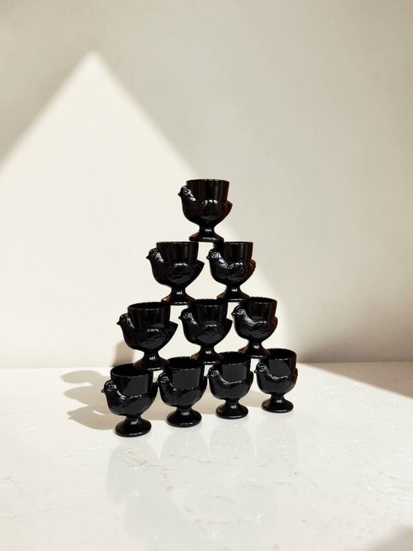 Set - 10 eierdopjes glas zwart - Arcoroc 1974