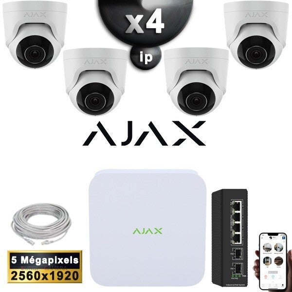 Kit Vidéo Surveillance PRO AJAX ADDITIONNEL : 4x Caméras POE Dômes IR 35M 5 MP + Enregistreur NVR 8 canaux H265+ 1000 Go