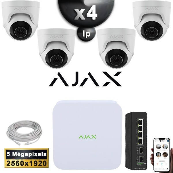 Kit Vidéo Surveillance PRO AJAX ADDITIONNEL : 4x Caméras POE Dômes IR 35M 5 MP + Enregistreur NVR 8 canaux H265+ 1000 Go