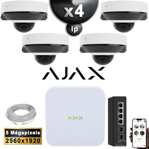 Kit Vidéo Surveillance PRO AJAX ADDITIONNEL : 4x Caméras POE Dômes IR 35M 5 MP + Enregistreur NVR 8 canaux H265+ 1000 Go