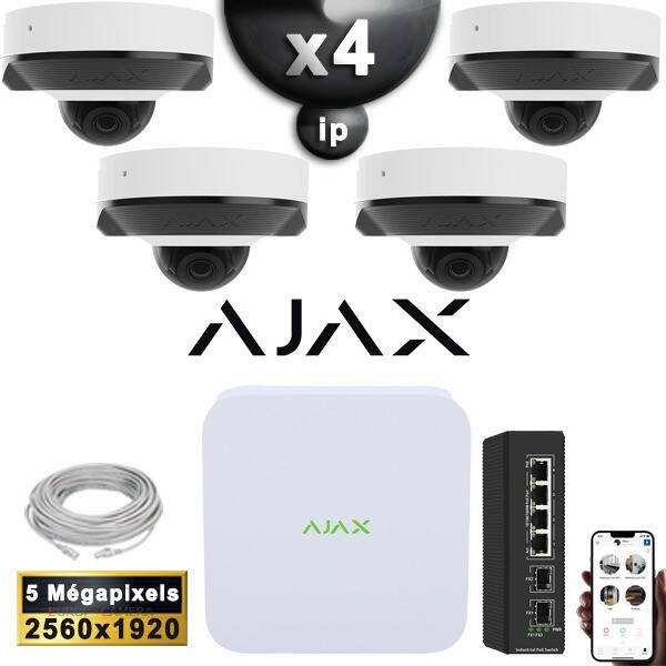 Kit Vidéo Surveillance PRO AJAX ADDITIONNEL : 4x Caméras POE Dômes IR 35M 5 MP + Enregistreur NVR 8 canaux H265+ 1000 Go