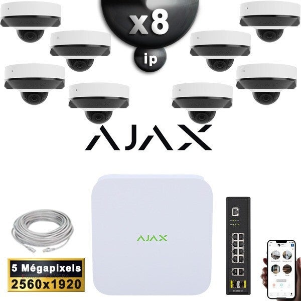 Kit Vidéo Surveillance PRO AJAX ADDITIONNEL : 8x Caméras POE Dômes IR 35M 5 MP + Enregistreur NVR 8 canaux H265+ 2000 Go