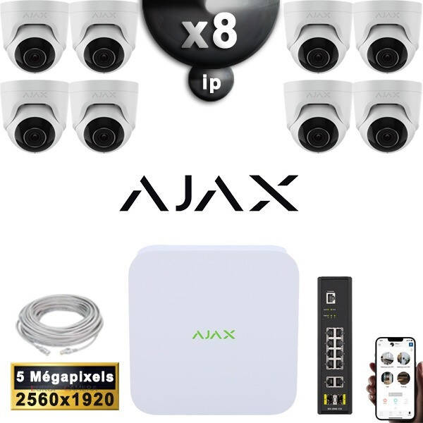 Kit Vidéo Surveillance PRO AJAX ADDITIONNEL : 8x Caméras POE Dômes IR 35M 5 MP + Enregistreur NVR 8 canaux H265+ 2000 Go