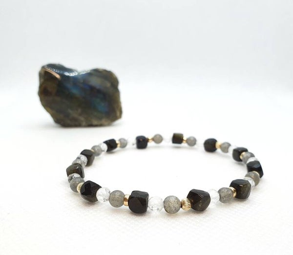 Obsidiaan (goud), labradoriet en bergkristal